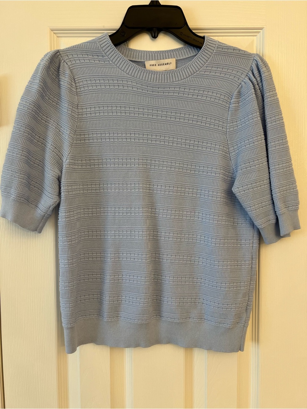 Light Blue Textured Knit Crewneck Sweater - Short Sleeve